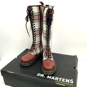 【美品】 Dr.Martens ドクターマーチン ロングブーツ レースアップブーツ 靴 レディース チェック チェリーレッド/ホワイト UK4/23㎝ 箱有