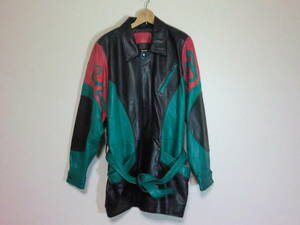 希少 80s 80年代 イタリアブランド ALBANO レザーコート 本革 黒x緑x赤 アフリカンカラー オールドスクール 90年代 HIPHOP B-BOY