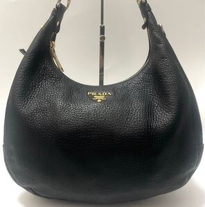 1円【美品】 PRADA プラダ ワンショルダーバッグ ヴィッテロダイノ レザー ブラック 黒 ハーフムーン 三日月 シボ革 肩掛け ホーボー