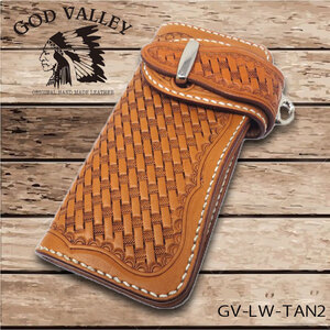 GOD VALLEY ロングウォレット　牛革 ハンドメイド　バイカーウォレット　カービング　タン（GV-LW-TAN2）