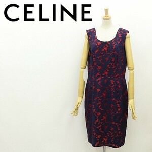 ヴィンテージ◆CELINE セリーヌ 花柄 総レース ノースリーブ ワンピース 紺 ネイビー×レッド 42