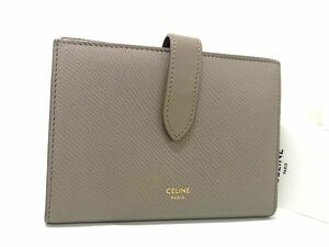 1円 ■美品■ CELINE セリーヌ ミディアム ストラップ レザー 二つ折り 財布 コンパクトウォレット 札入れ 小銭入れ グレージュ系 FC5668