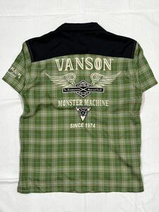 VANSON バンソン 刺繍 半袖シャツ 開襟チェックシャツ NVSS-2402 グリーン Lサイズ
