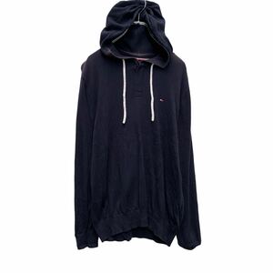 TOMMY HILFIGER ロゴ ニットパーカー M ネイビー トミーヒルフィガー プルオーバー ハーフボタン 薄手 古着卸 アメリカ仕入 a605-7227