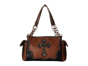 b27)M&F Western エムエフウエスターン ハンドバッグ ショルダーバッグ Delilah Satchel Rust/Black 十字架 スタッズ クロス ロザリオ