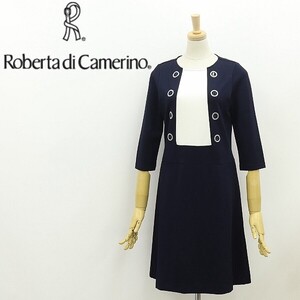 ◆Roberta di Camerino FORTUNA ロベルタディカメリーノ ストレッチ ロゴチャーム付 フェイクプリント ワンピース 紺 ネイビー×ホワイト 7