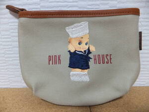 PINK HOUSE ピンクハウス ミニ ポーチ キューピー風柄 小物入れ 小銭入れ 一部刺繍 ブラウン 茶系 レトロ 縁部分革 小袋 チャック式