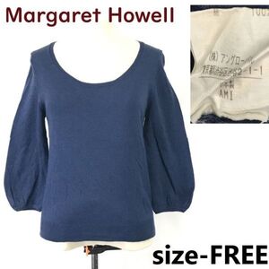 日本製★マーガレットハウエル/Margaret Howell★ラウンドネックセーター/薄手/七分袖【レディースM程度/紺/navy】Tops/Shirts◆pBH639