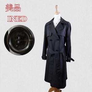 【美品】INED（13）トレンチコート/ロング丈/ウエストベルト/大きいサイズ黒