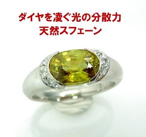 7月の誕生日に加わった注目宝石 天然スフェーン2.42ct 天然ダイヤ プラチナ製リング 卸価格 動画あり 送料込み