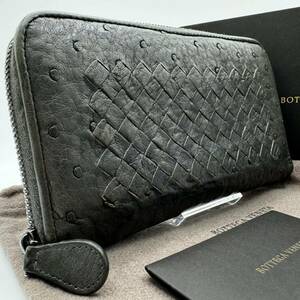 1円 BOTTEGA VENETA ボッテガヴェネタ 長財布 ラウンドファスナー オーストリッチ イントレチャート レザー 本革 ジッピー メンズ カーキ