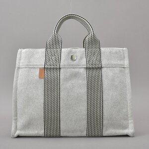 美品 HERMES エルメス ニューフールトゥPM ハンドバッグ キャンバス グレー クリーニング済み トートバッグ 軽量 布地 鞄 Mk.i/b.f