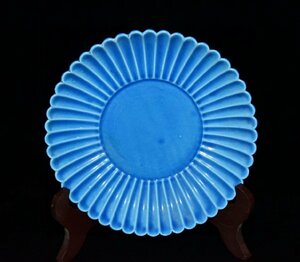 ◆古寳堂◆明 成化年製款 天藍釉 花邊盤 古陶瓷品 極細工 古置物 古擺件 中国古美術 時代物 古董品