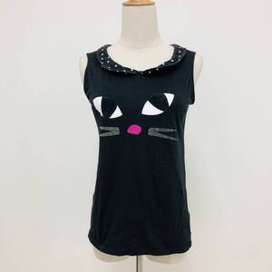 k0540 LULU GUINNESS ルルギネス トップス ノースリーブ 綿100 ねこ M 黒 レディース ガーリー カジュアル キュートなスイートスタイル