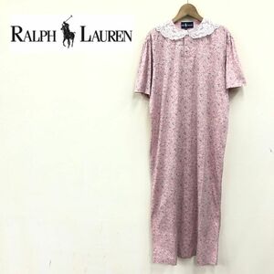 1S4-K◆良品 RALPH LAUREN ラルフローレン 半袖ロングワンピース◆sizeM ピンク 花柄 カットソー 綿100% 薄手 白レース襟 プルオーバー