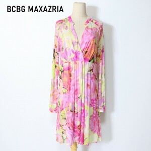 BCBG MAXAZRIA ビーシービージーマックスアズリア ロングワンピース 長袖 裏地有 総柄 ピンク 紫 パープル XL YC117