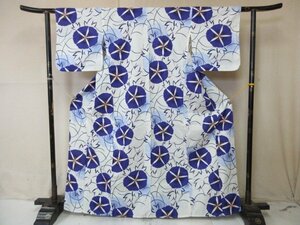 1円 良品 木綿 浴衣 白 ユニクロ フリーサイズ 朝顔 草花 おしゃれ 可愛い 身丈155cm 裄68cm【夢職】★★★