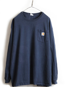 大きいサイズ XL ■ カーハート ポケット付き 長袖 Tシャツ ( メンズ ) 古着 CARHARTT ロンT ワンポイント ロゴT ポケT ヘビーウェイト 紺