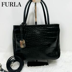 美品！FURLA フルラ　クロコ型押し　2wayショルダーバッグ　ハンドバッグ　トートバッグ