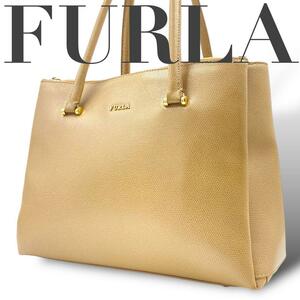 極美品 FURLA フルラ　ハンドバッグ　レザー　ベージュ　ゴールド金具