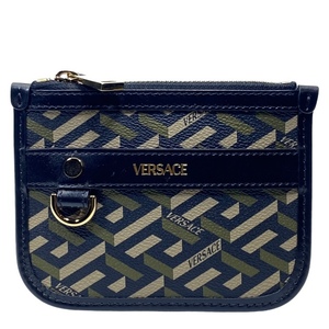 【未使用】VERSACE ヴェルサーチ ポーチ 小物入れ ミニポーチ ラグレカ 総柄 ロゴ レザー ブラック カーキ