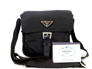 美品☆PRADA【プラダ】フラップ ミニショルダーバッグ☆ブラック×シルバー金具☆ナイロン☆テスート☆ロゴ☆レディース