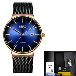 【ブルー】メンズ高品質腕時計 海外人気ブランド LIGE ファッションクール腕時計 超薄型 ダイヤル クォーツ 防水