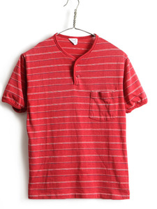 70s USA製 ビンテージ ■ ヘンリーネック ポケット付き マルチ ボーダー 半袖 Tシャツ ( M メンズ レディース S ) 古着 70年代 半袖Tシャツ