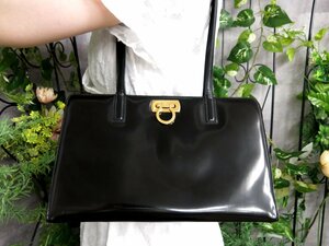 超美品●Salvatore Ferragamo フェラガモ●ガンチーニ●カーフ レザー 本革●ハンド ショルダー バッグ●黒●G金具●ヴィンテージ●Js47515