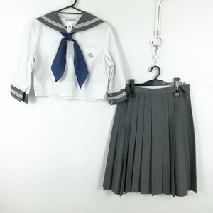 1円 セーラー服 スカート スカーフ 上下3点セット 指定 大きいサイズ 中間服 白3本線 女子 学生服 熊本八代高校 白 中古 ランクC NA9763