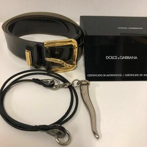 10-145 ドルチェ&ガッバーナ DOLCE & GABBANA ドルガバ ネックレス 牙 レザー 革紐 ベルト クリア ブラック ゴールドカラー 70cm