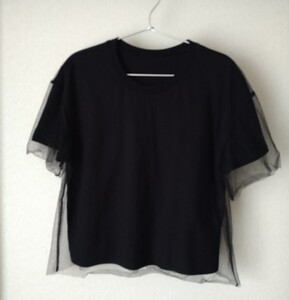 USED◆ＧＵ◆チュール レイヤードカットソー 丸首カットソー 半袖Ｔシャツ レディースカットソー◇黒・Ｍ