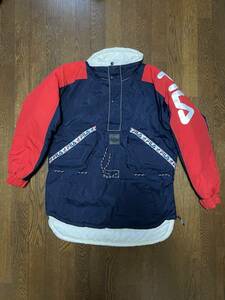 レア 90s FILA フィラ プルオーバー スキージャケット Mサイズ 紺ｘ赤 ネイビーｘレッド ダウンジャケット 90年代 HIPHOP B-BOY POLO92