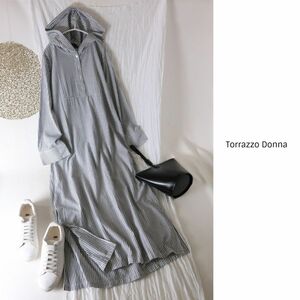 新品☆1.5万☆トラッゾドンナ Torrazzo Donna☆洗える フード付きストライプシャツワンピース☆M-S 5898