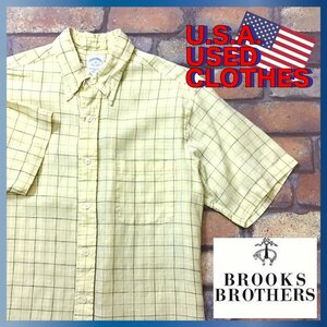 ME2-214★高品質・アイリッシュリネン100%★USA古着★【Brooks Brothers】チェック 半袖 リネン BDシャツ【メンズ M】黄 イエロー アメカジ