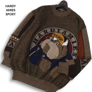 HARDY AMIES SPORT ハーディエイミス 秋冬 犬 ロゴ キャラクター刺繍★ ウール ニット セーター Sz.4 メンズ 日本製　I5T00009_1#K