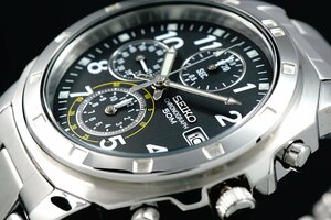 1円～ 1スタ セイコー 正規品 海外モデル SEIKO 逆輸入 美しいブラック 新品　1/20秒 クロノグラフ 腕時計50ｍ防水メンズ激レア入手困難