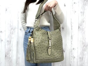 極美品 GUCCI グッチ オーストリッチ ニュージャッキー タッセル ハンドバッグ ショルダーバッグ バッグ 緑系 A4可 2WAY 79596