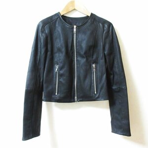 美品 BOSS ボス 現行モデル Sajosa スリムフィット ラムレザー クロップド丈 ノーカラージャケット サイズ36 ブラック ◆