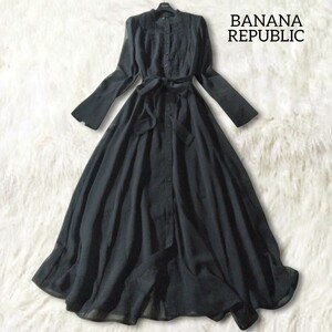 51 【BANANA REPUBLIC】 バナナリパブリック シャツワンピース ロングワンピース 0 S 黒 ブラック バンドカラー ピンタック ベルト フレア