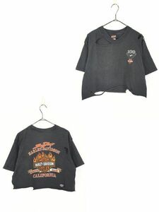 レディース 古着 00s USA製 HARLEY DAVIDSON ファイヤー イーグル クラッシュ ミニ丈 Tシャツ L 古着