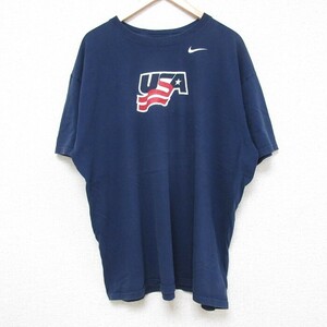 XL/古着 ナイキ NIKE 半袖 ブランド Tシャツ メンズ ワンポイントロゴ USAロゴ 大きいサイズ コットン クルーネック 濃紺 ネイビー 24may28