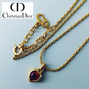 1円～ Christian Dior クリスチャンディオール ネックレス ハート カラーストーン ラインストーン ゴールド 赤 レッド チェーン CDロゴ