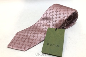 経堂) グッチ GUCCI イタリア製 GG 柄 シルク ネクタイ 未使用品 ピンクパープル系 光沢