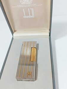 1円【現状品/箱付】dunhill ダンヒル ライター ガスライター ローラー式　ゴールドストライプ シルバーカラー 喫煙グッズ