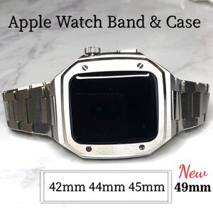 高級シルバー★アップルウォッチバンド ステンレス カバー　Apple Watch ケース 44mm 45mm 49mm メンズ　レディース