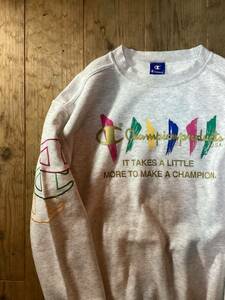 90年代ビンテージ★チャンピオン Champion プリントスウェット 袖刺繍 ネオンカラー ださ可愛い古着 サイズL 80年代ヴィンテージ古着