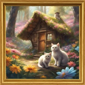 猫　花　森　イラスト　絵　絵画　インテリア　子猫 Ｌ版サイズプリント ハンドメイド　NO74