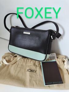 FOXEY / フォクシー レザー バイカラー アクセサリーポーチ ミニショルダーバッグ ダークチョコレートブラウン/ターコイズ