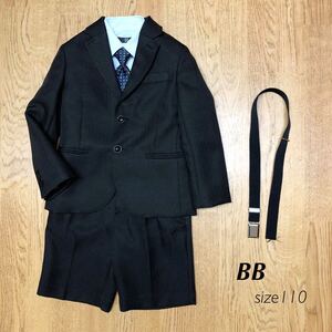 BB◇キッズスーツ 3点SET 男の子 110 Black ストライプ フォーマルスーツ ネクタイ・ベルト付き 発表会 冠婚葬祭 入学式 卒園式 